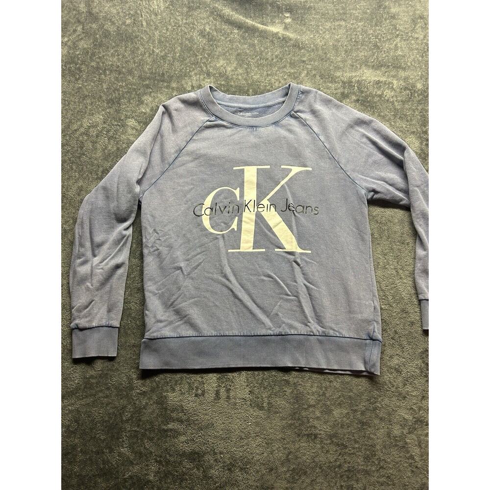 Calvin Klein Jeans Size Large Blue White Logo Long Sleeve Womens Sweater